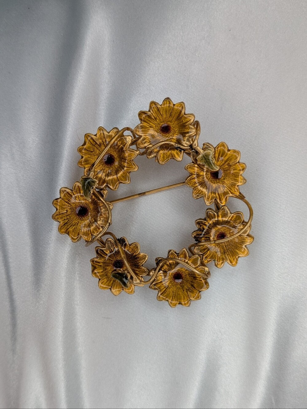 Sunflower Wreath Brooch Amber Enamel Gold Tone Floral Circle